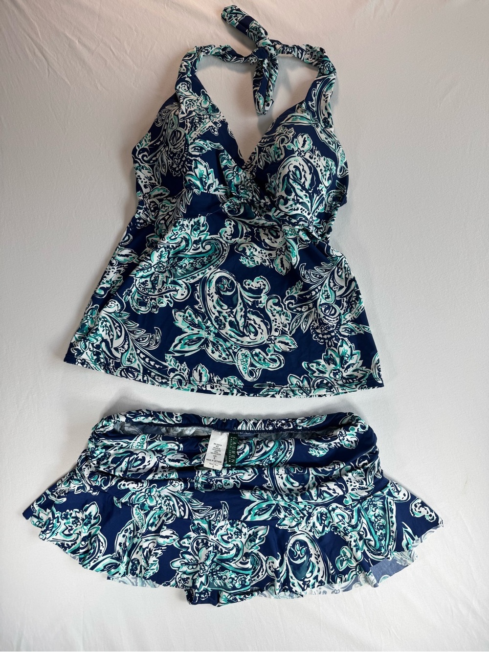 Lauren Ralph Blue Paisley Print 2 Piece Swimsuit Halter Tankini/Swim Skirt Siz 8
